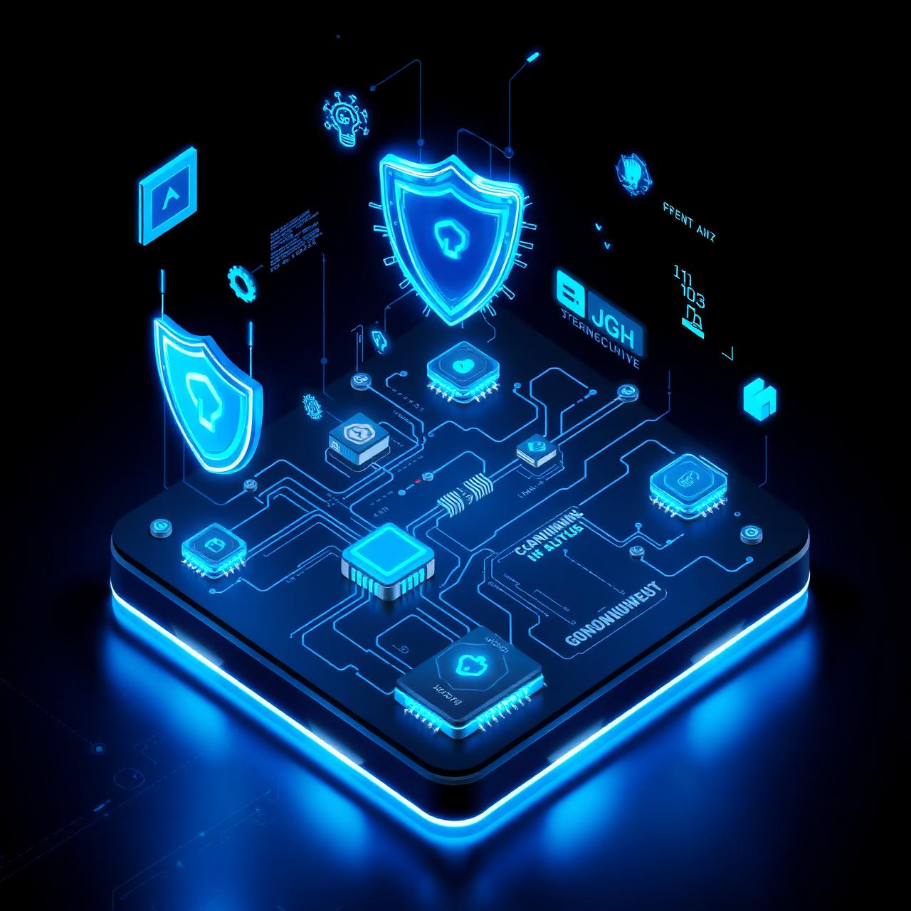 Ilustração 3D com elementos de programação, IA e cyber security